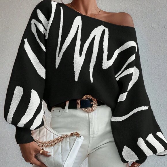 black white Casual Women's Striped Pattern Batwing Sleeve Loose Pullover Sweater - Picture 7 of 7